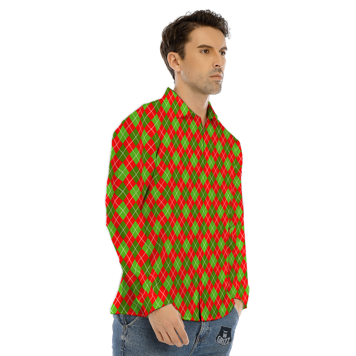 Argyle Red And Green Print Pattern Men's Dress Shirts-grizzshop