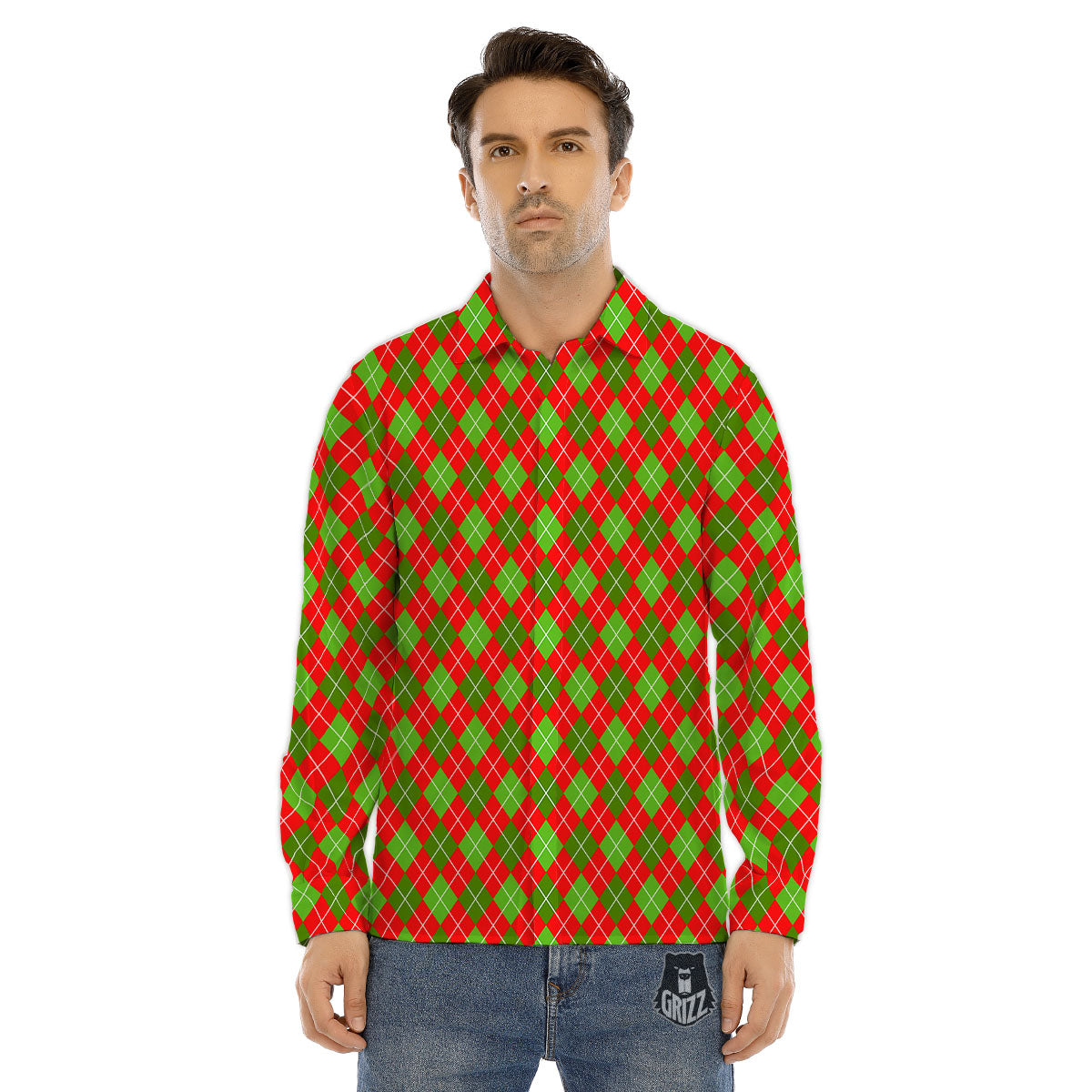 Argyle Red And Green Print Pattern Men's Dress Shirts-grizzshop