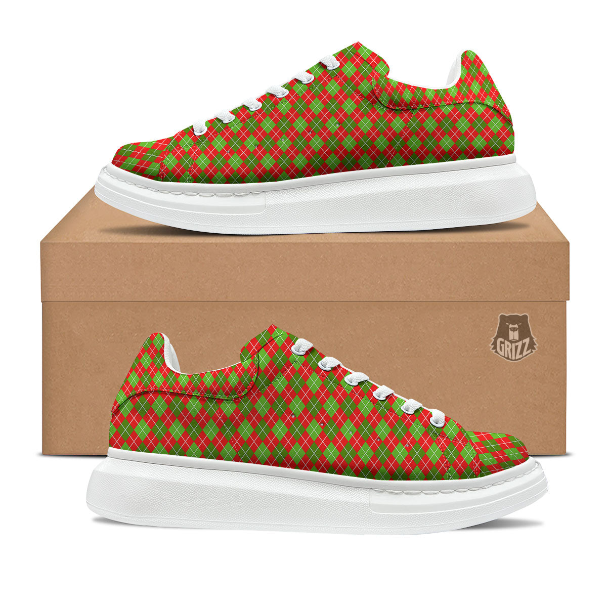 Argyle Red And Green Print Pattern Platform Shoes-grizzshop