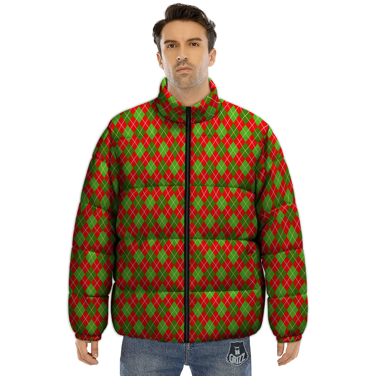 Argyle Red And Green Print Pattern Puffer Jacket-grizzshop