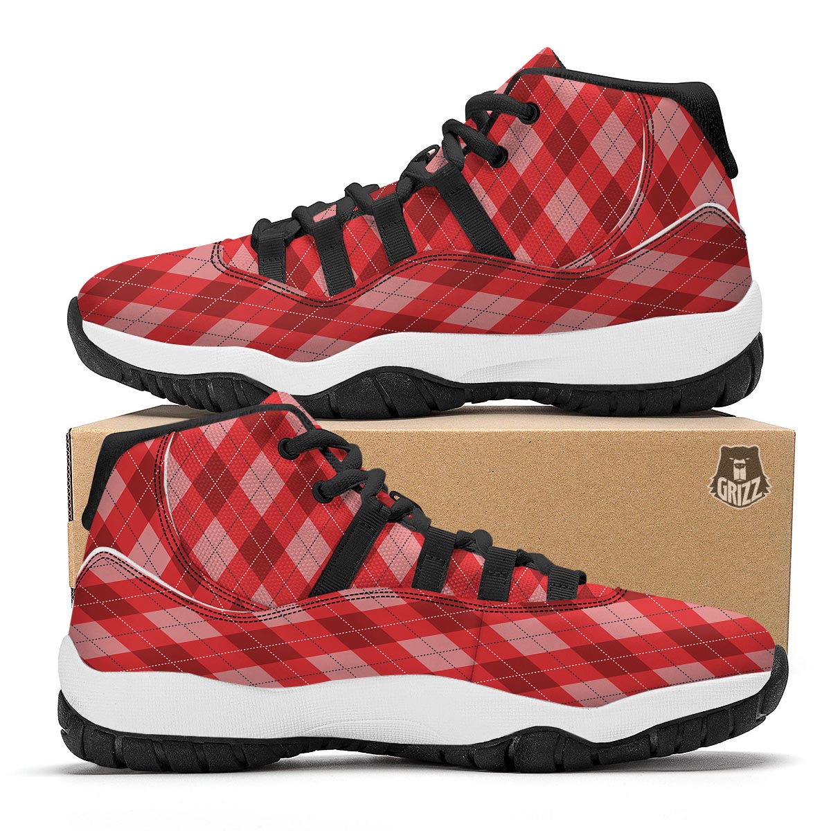 Argyle Red Pattern Print Black Bball Shoes-grizzshop