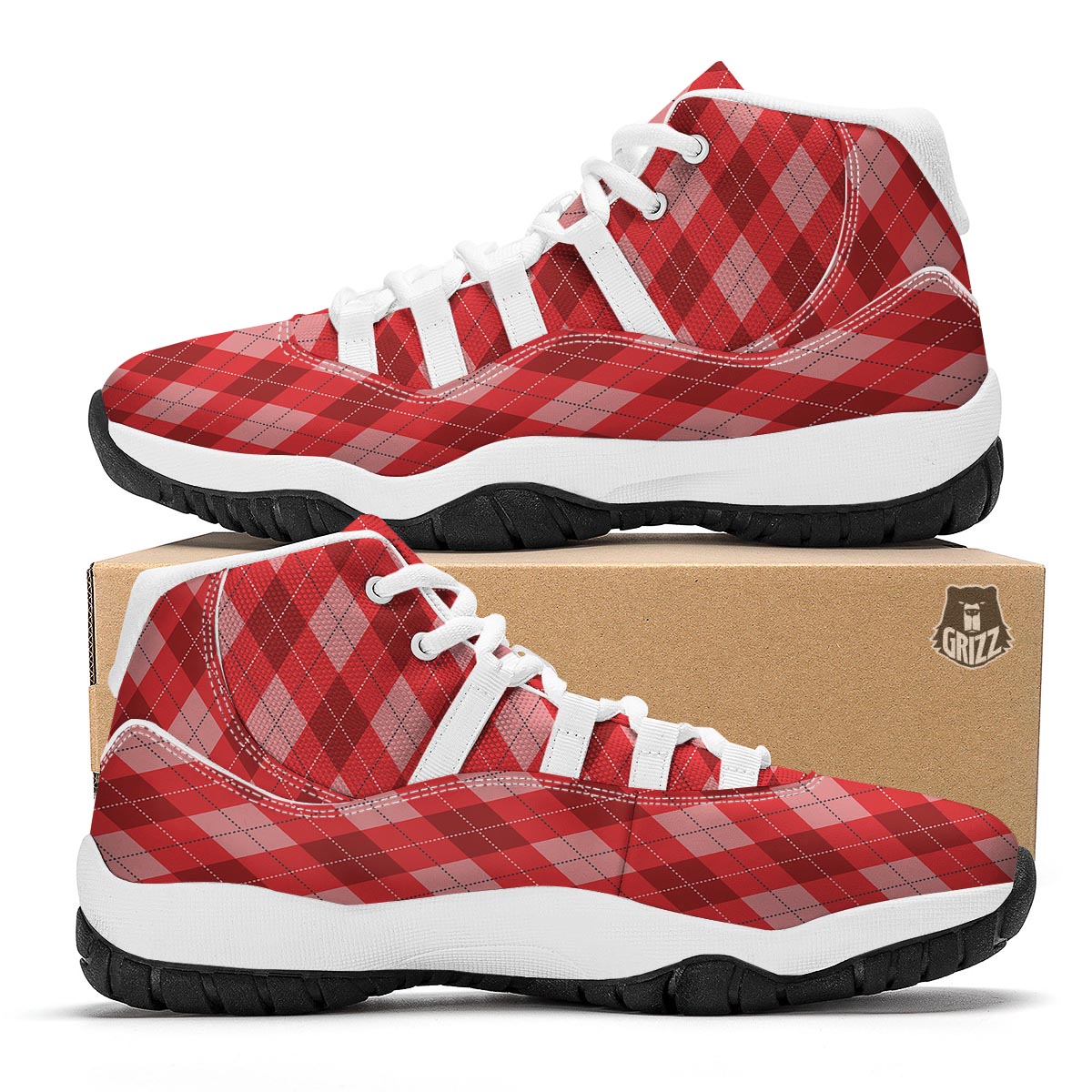 Argyle Red Pattern Print White Bball Shoes-grizzshop
