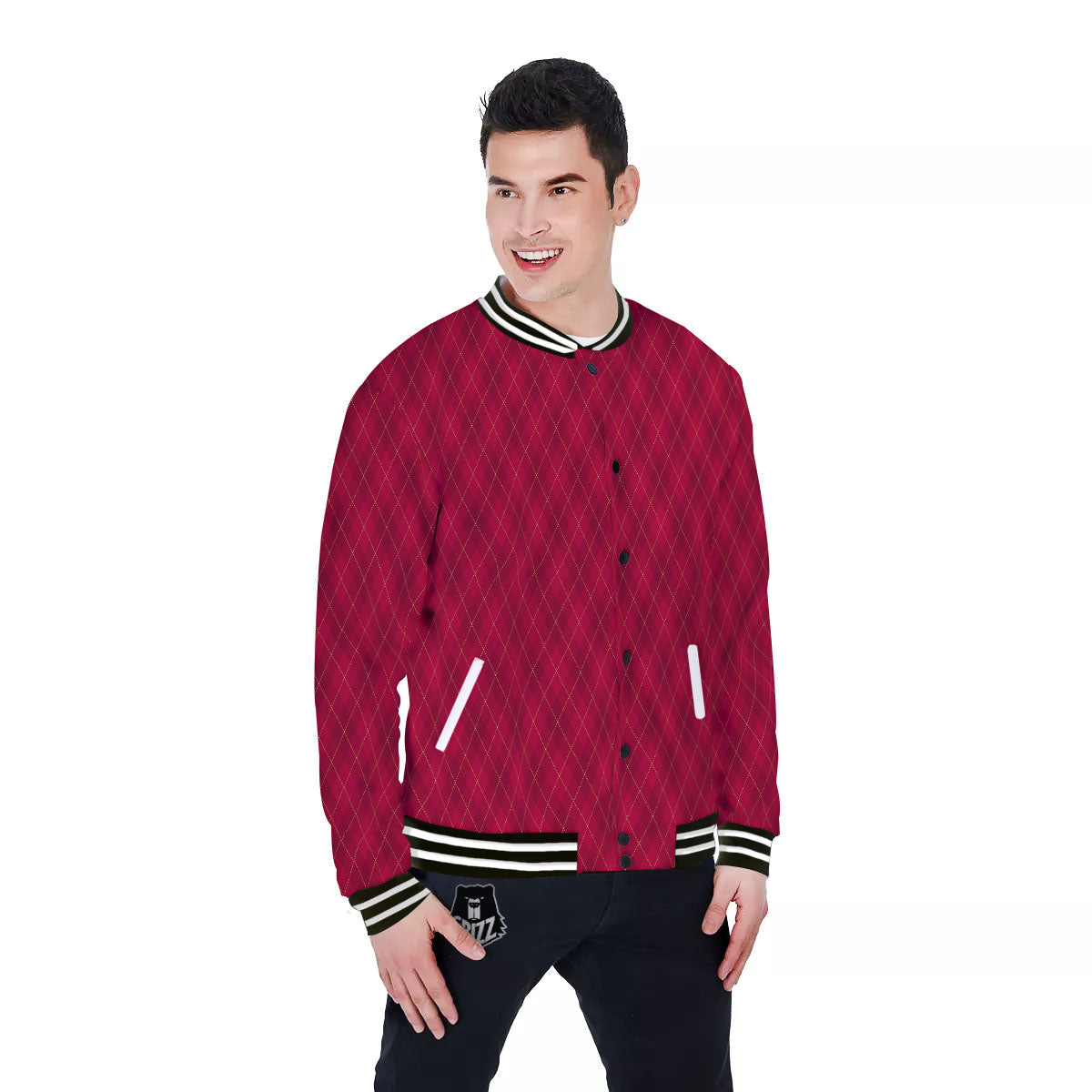 Argyle Red Print Pattern Baseball Jacket-grizzshop