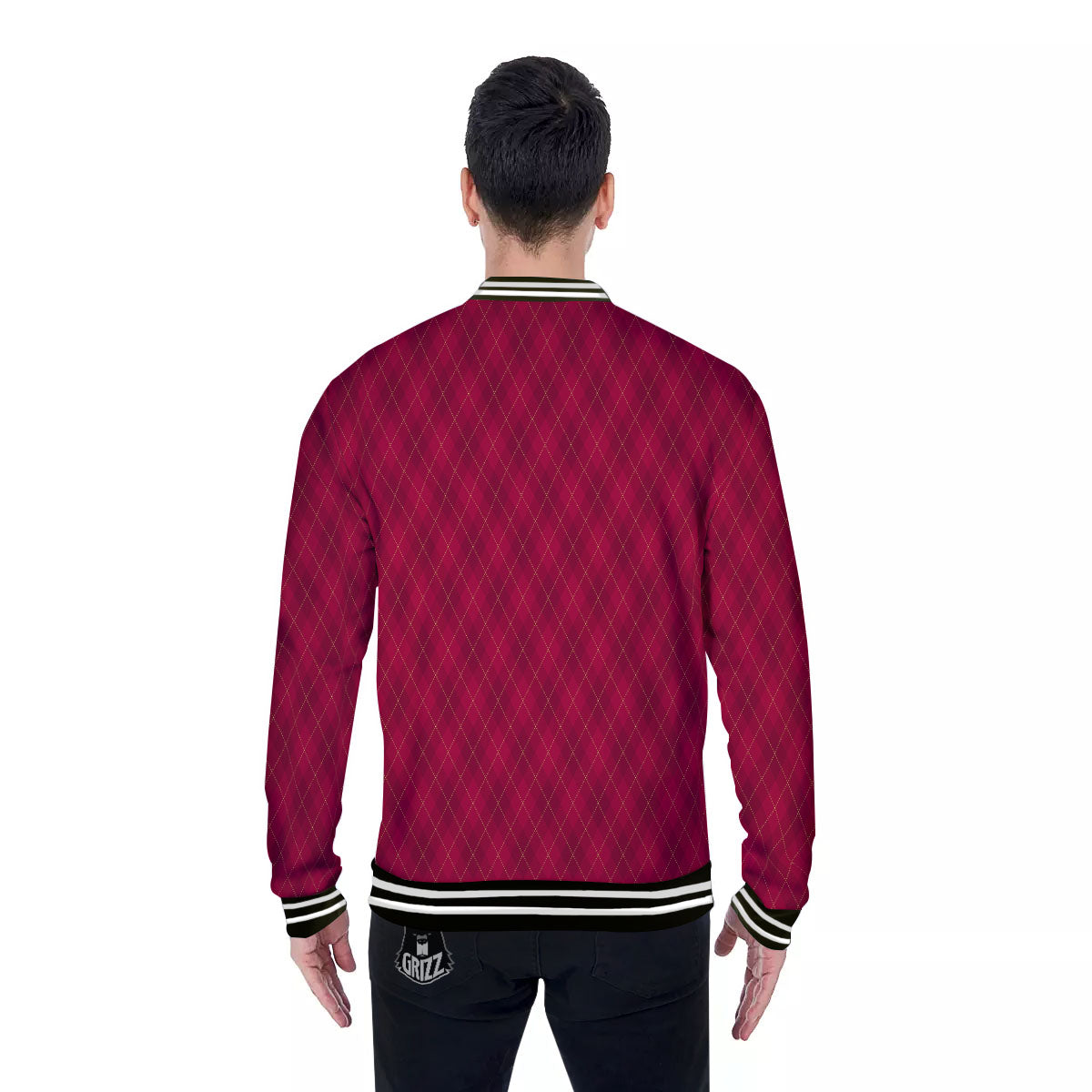Argyle Red Print Pattern Baseball Jacket-grizzshop