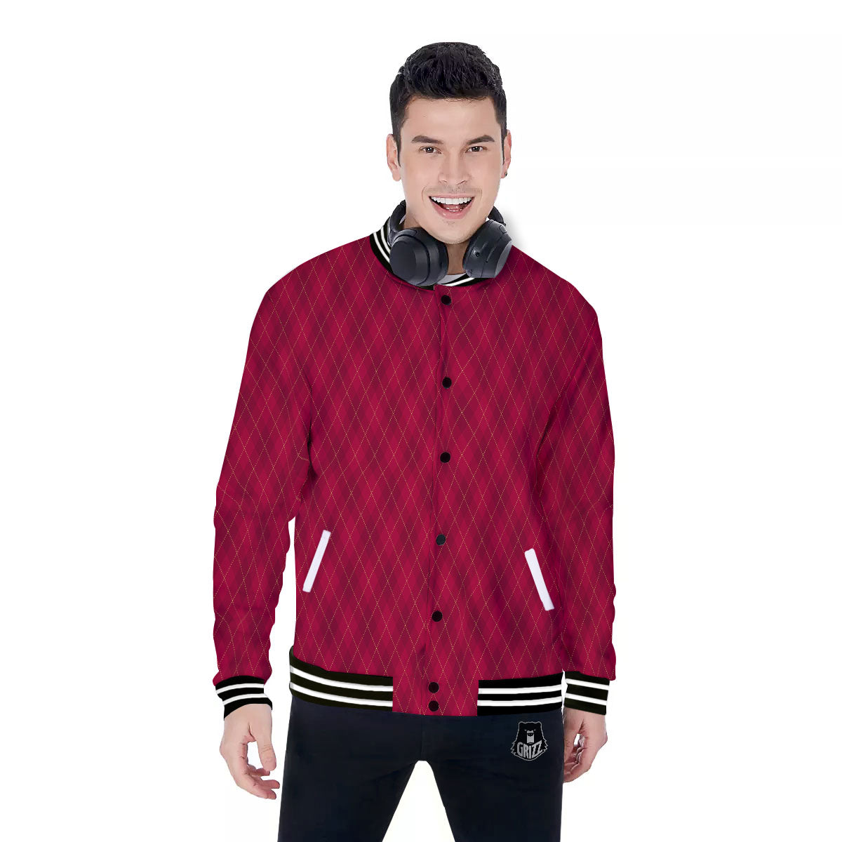 Argyle Red Print Pattern Baseball Jacket-grizzshop