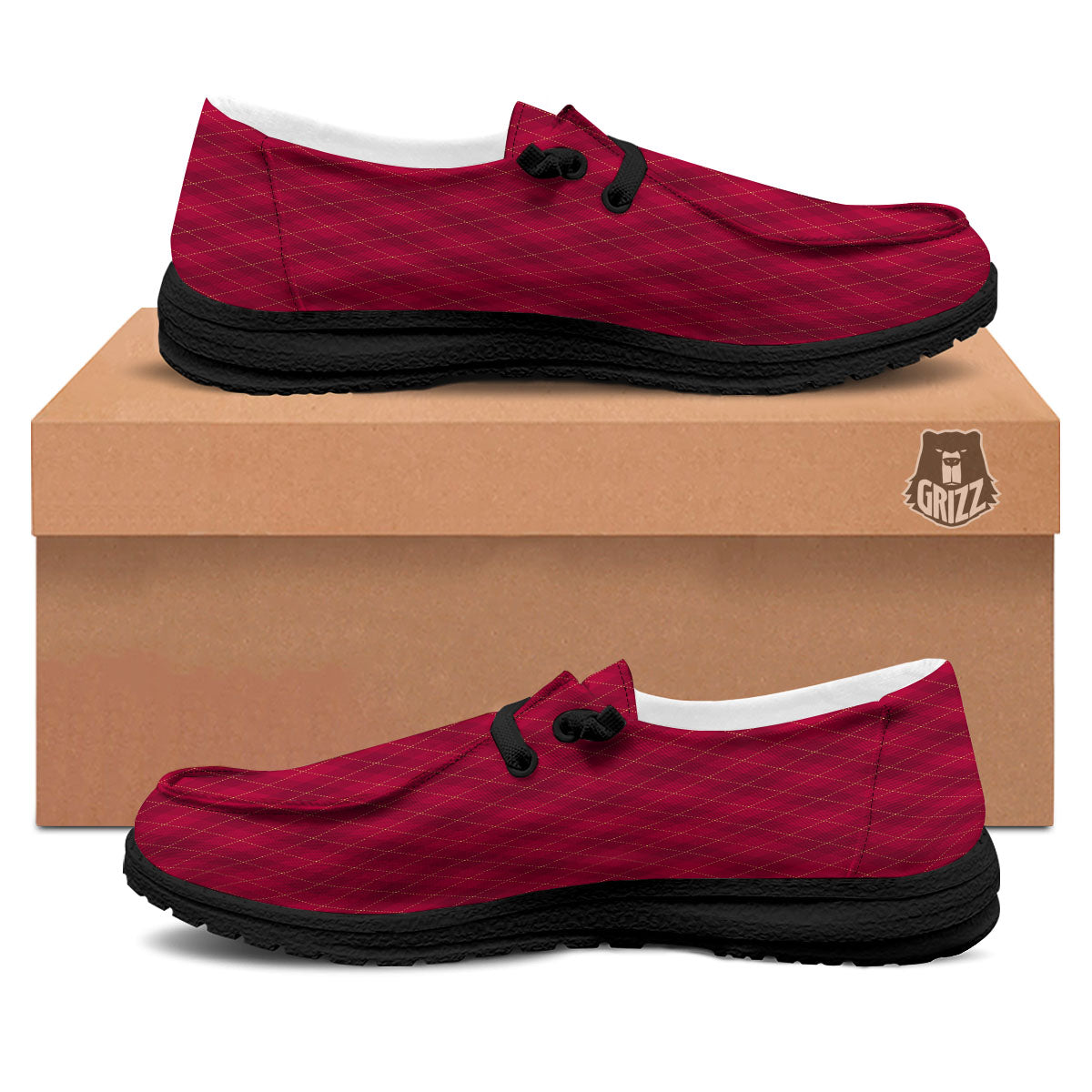 Argyle Red Print Pattern Black Loafers-grizzshop