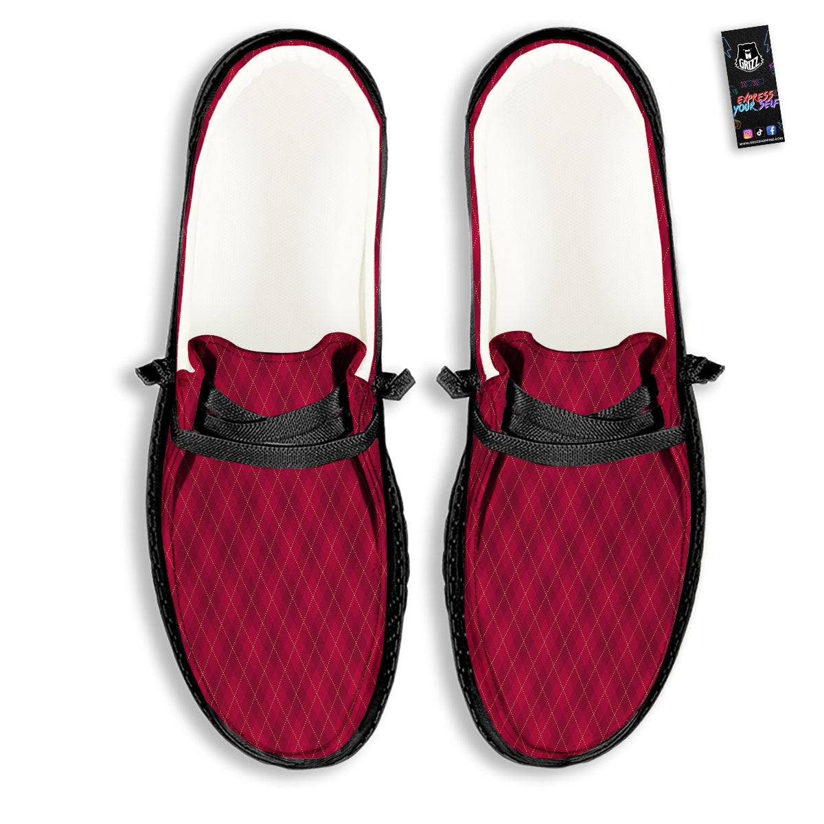 Argyle Red Print Pattern Black Loafers-grizzshop