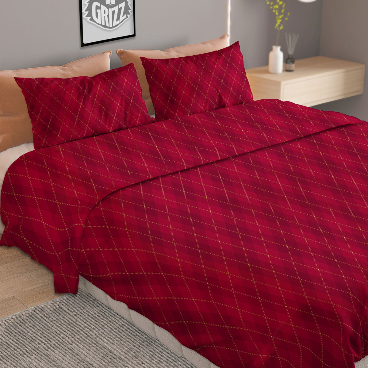 Argyle Red Print Pattern Duvet Cover Bedding Set-grizzshop