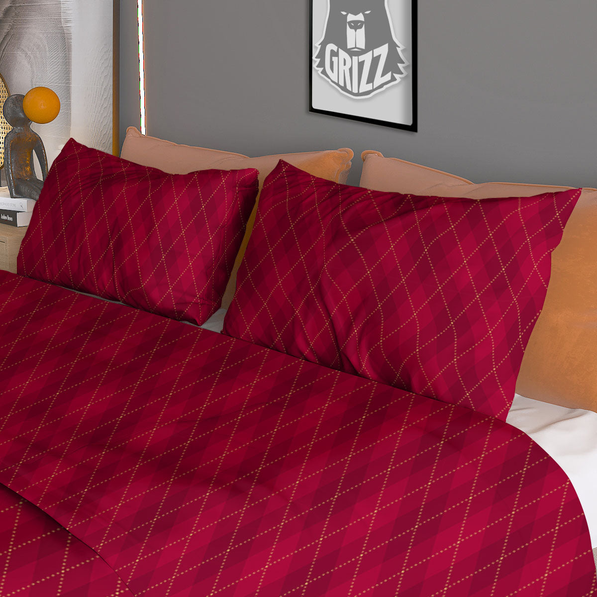 Argyle Red Print Pattern Duvet Cover Bedding Set-grizzshop
