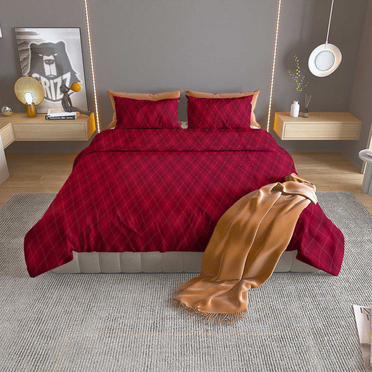 Argyle Red Print Pattern Duvet Cover Bedding Set-grizzshop