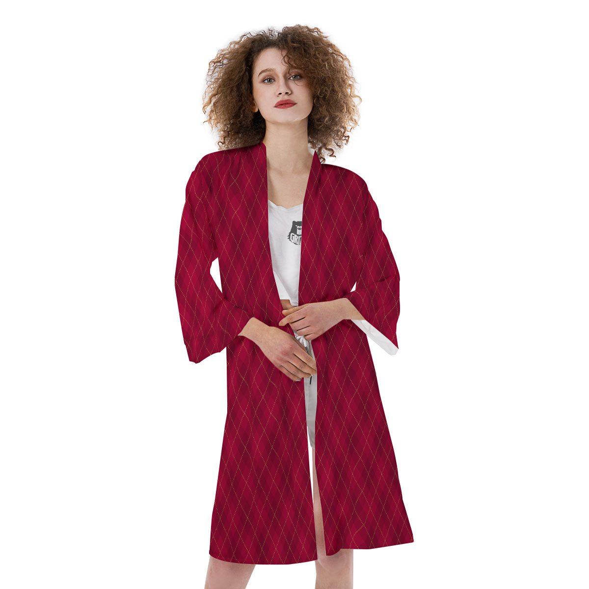 Argyle Red Print Pattern Kimono-grizzshop