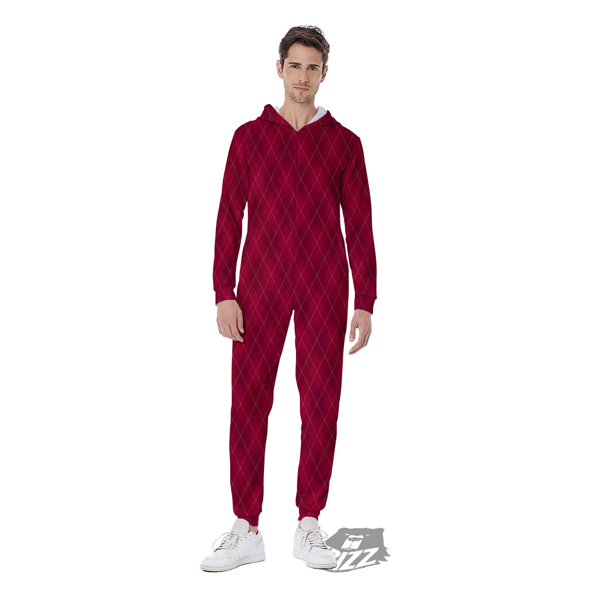 Argyle Red Print Pattern Men's Jumpsuit-grizzshop