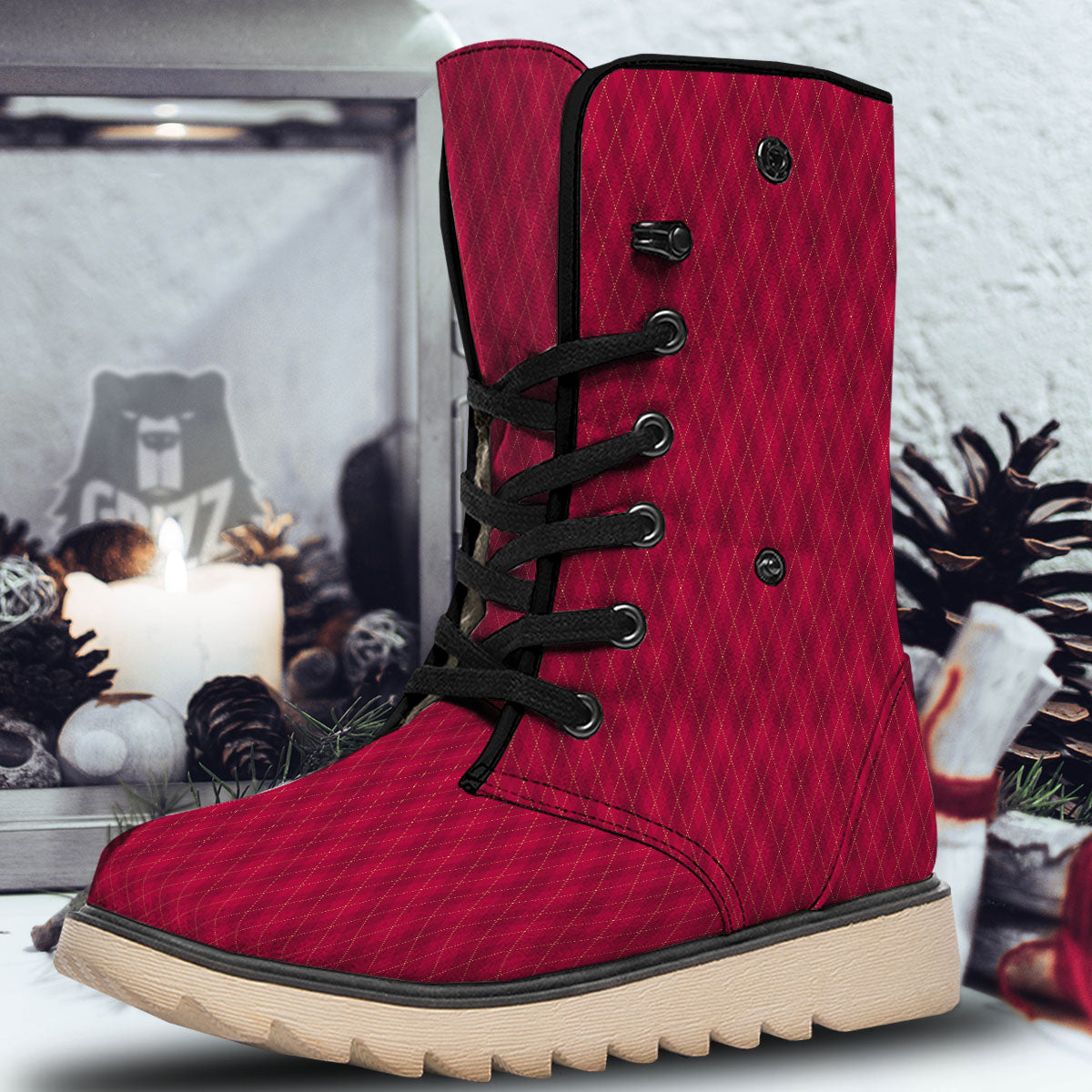 Argyle Red Print Pattern Snow Boots-grizzshop