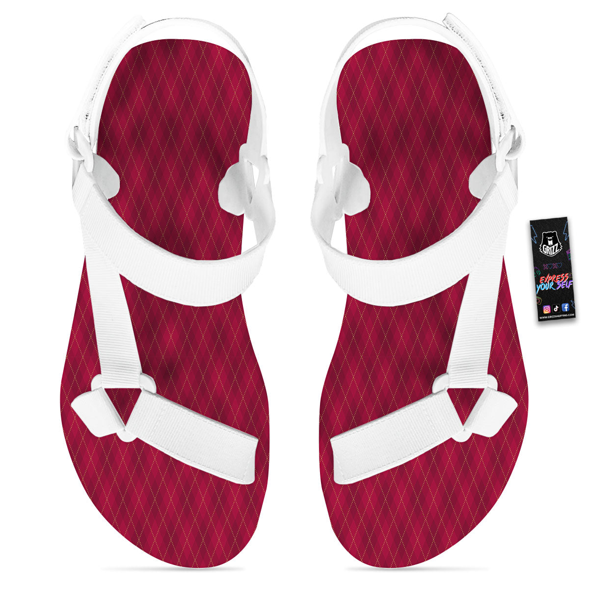 Argyle Red Print Pattern White Open Toe Sandals-grizzshop