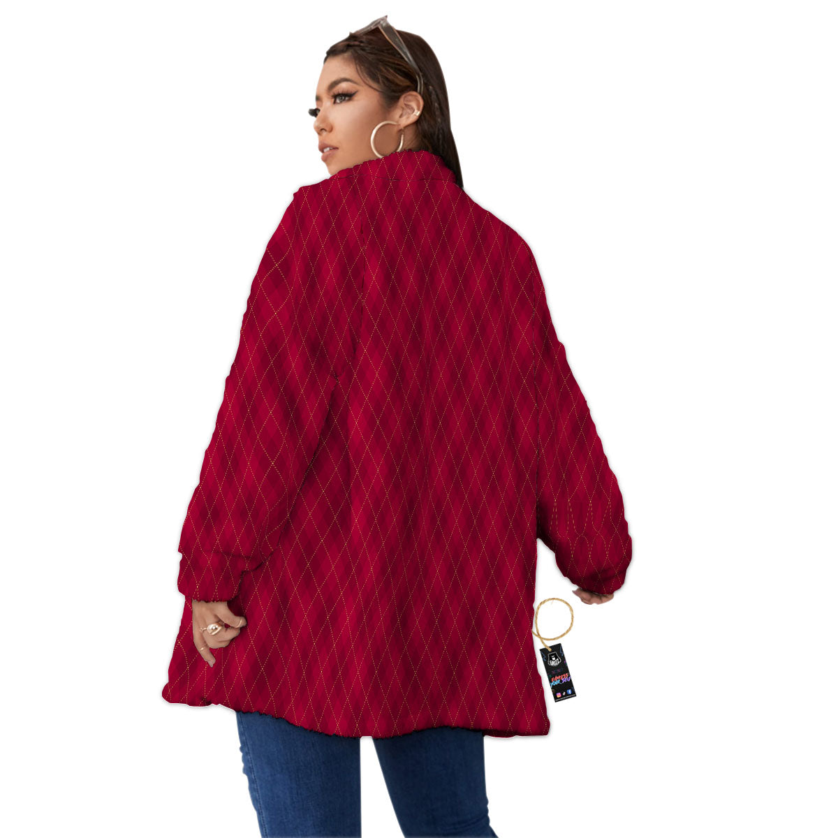 Argyle Red Print Pattern Women's Sherpa Jacket-grizzshop