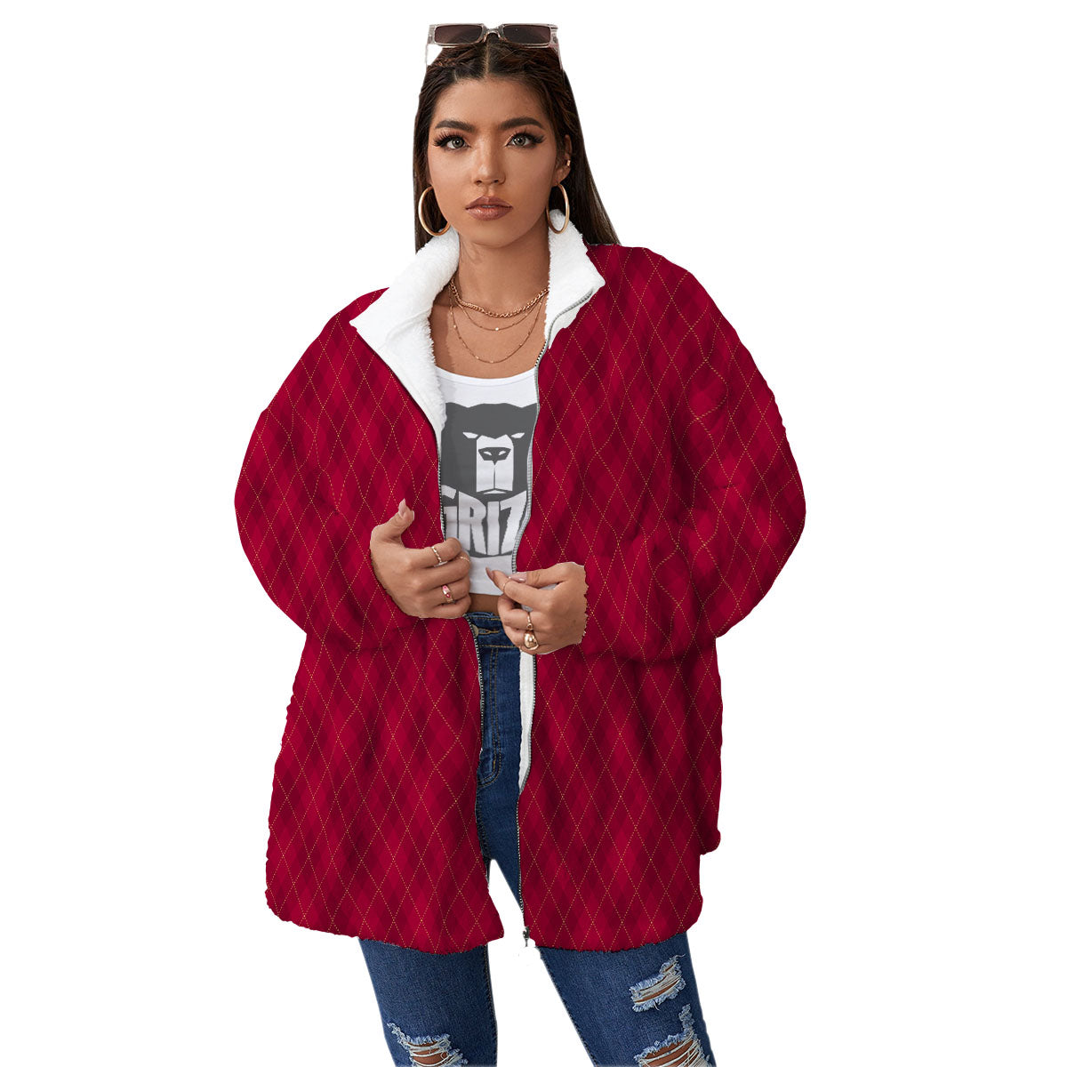 Argyle Red Print Pattern Women's Sherpa Jacket-grizzshop