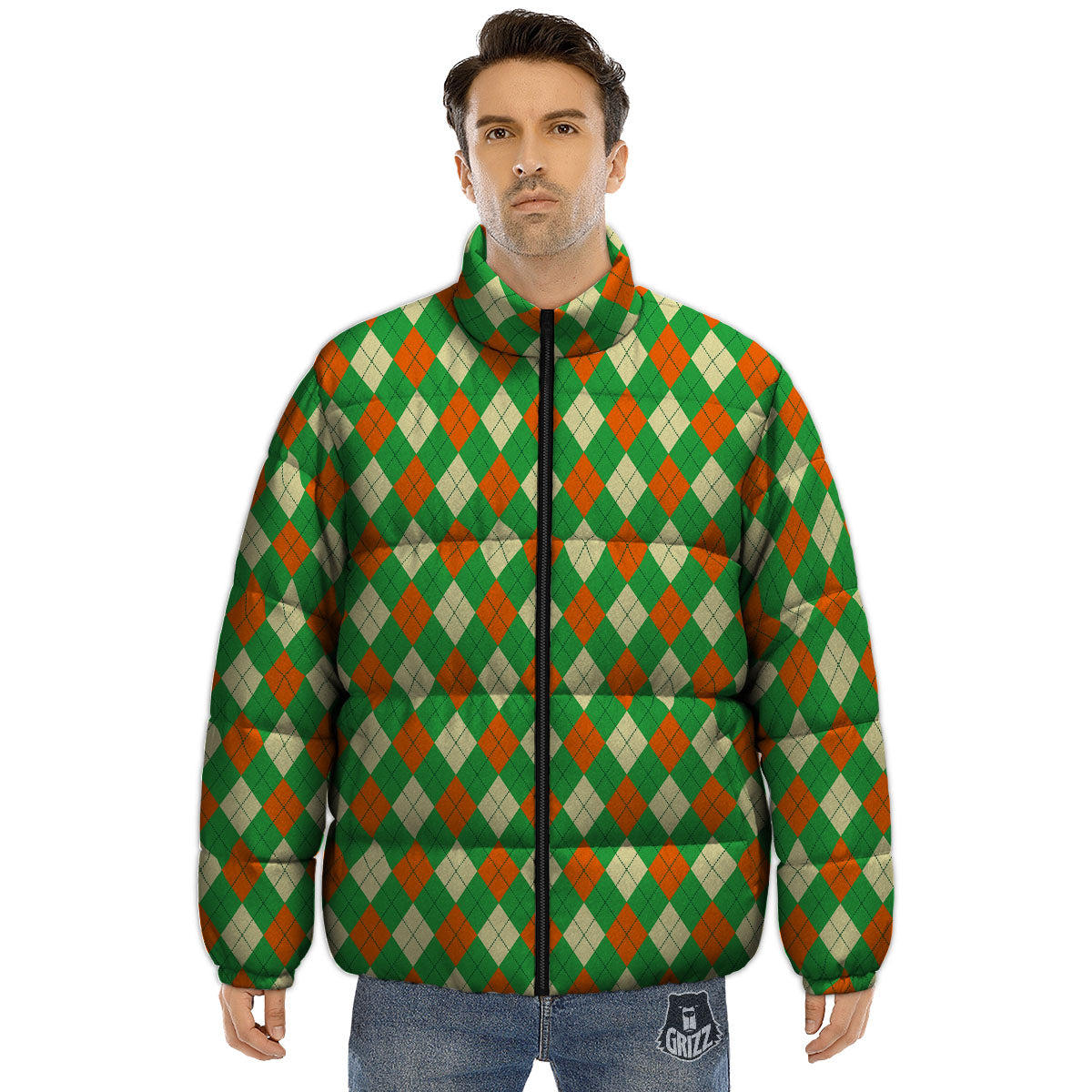 Argyle Saint Patrick's Day Print Pattern Puffer Jacket-grizzshop