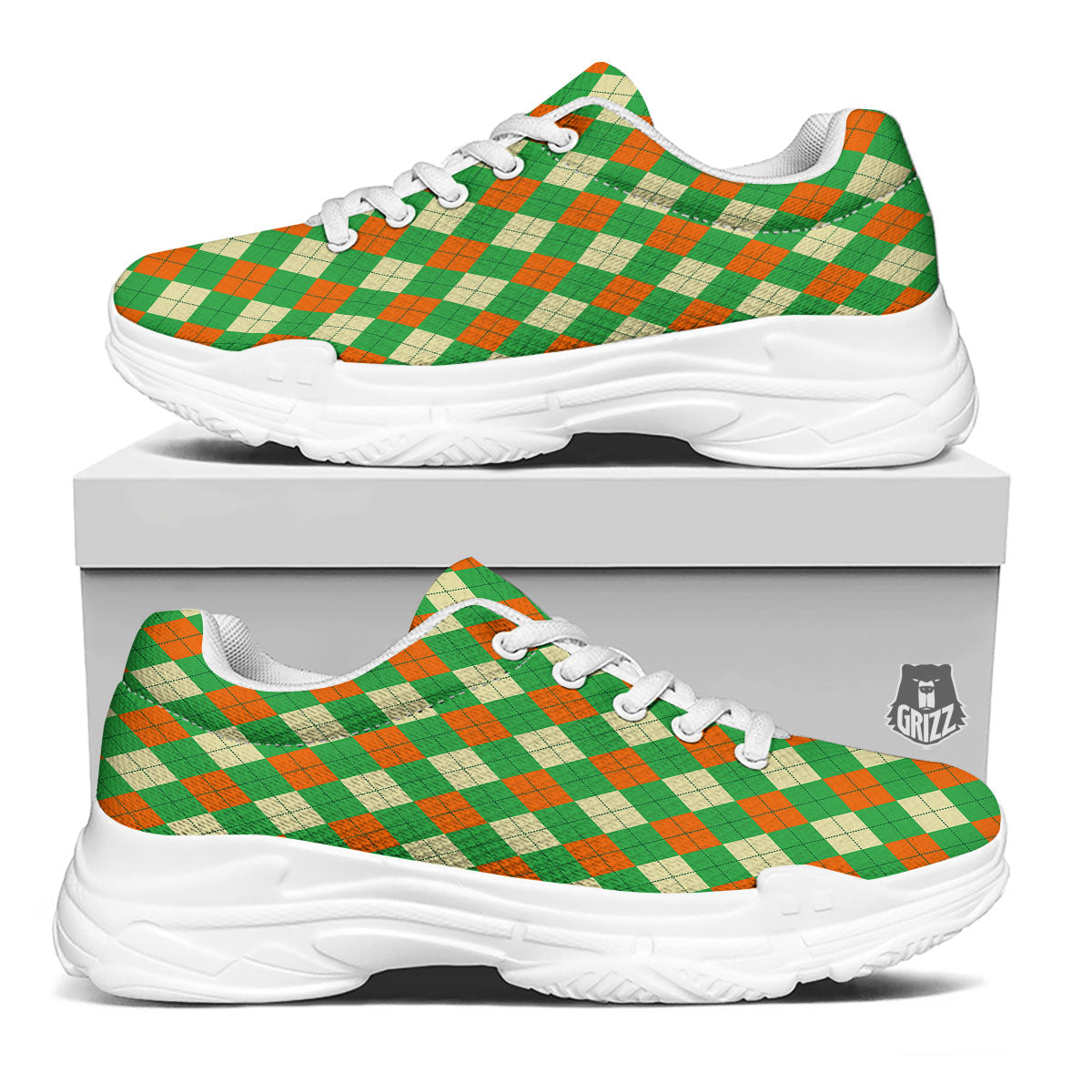 Argyle Saint Patrick's Day Print Pattern White Chunky Shoes-grizzshop