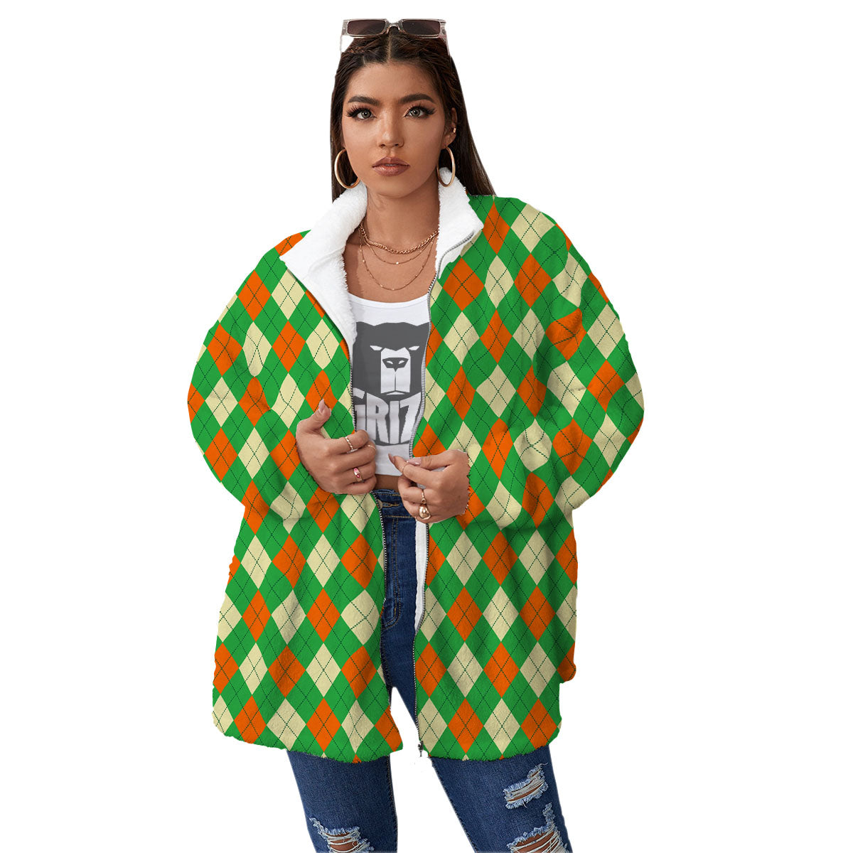 Argyle Saint Patrick's Day Print Pattern Women's Sherpa Jacket-grizzshop