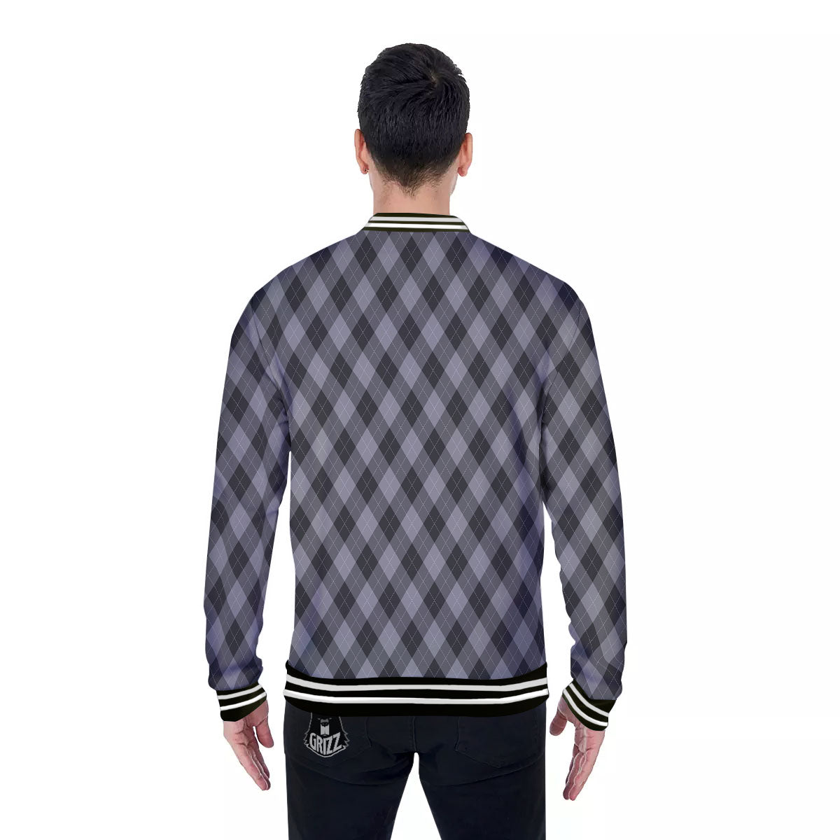 Argyle Shadow Grey Print Pattern Baseball Jacket-grizzshop