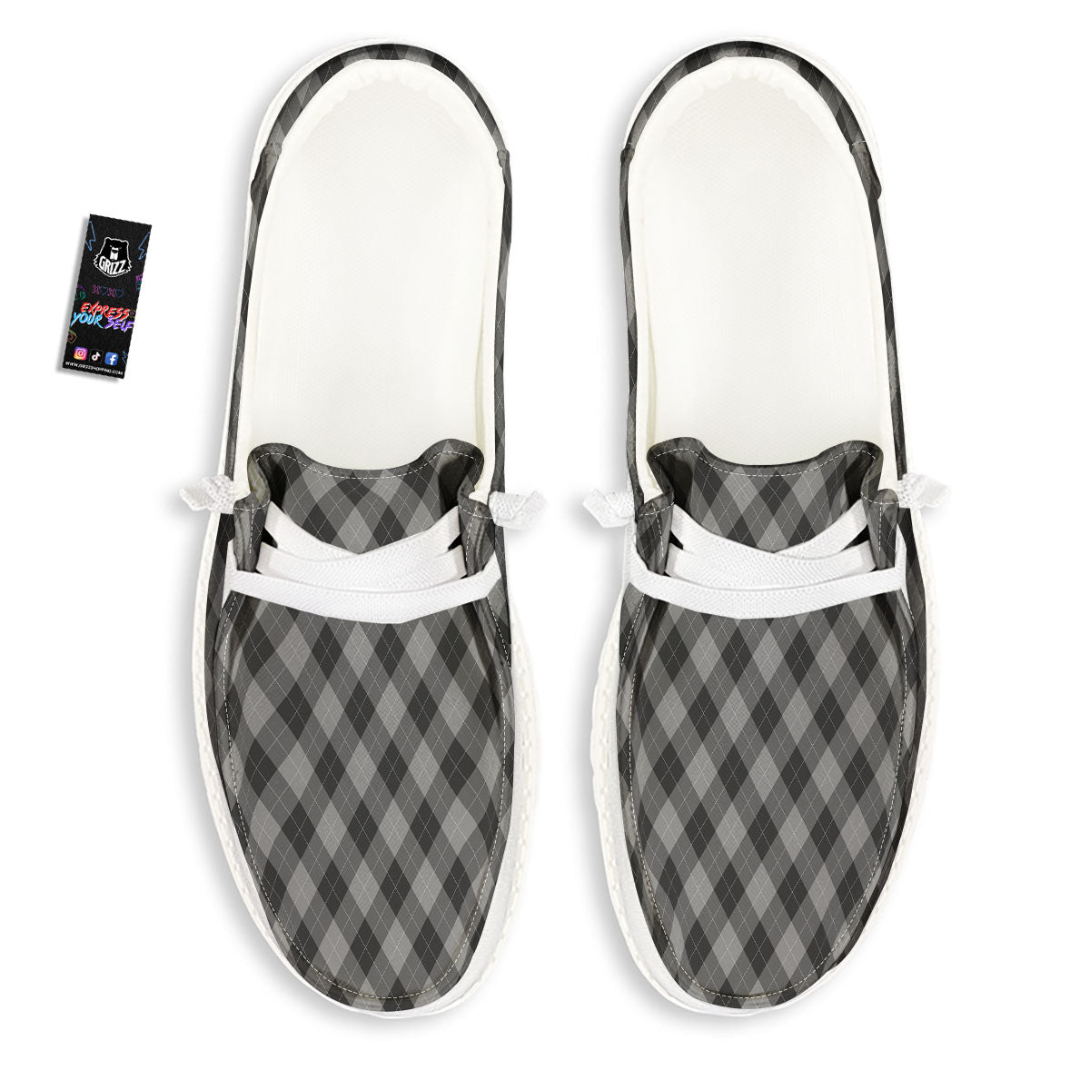 Argyle Shadow Grey Print Pattern Black Loafers-grizzshop