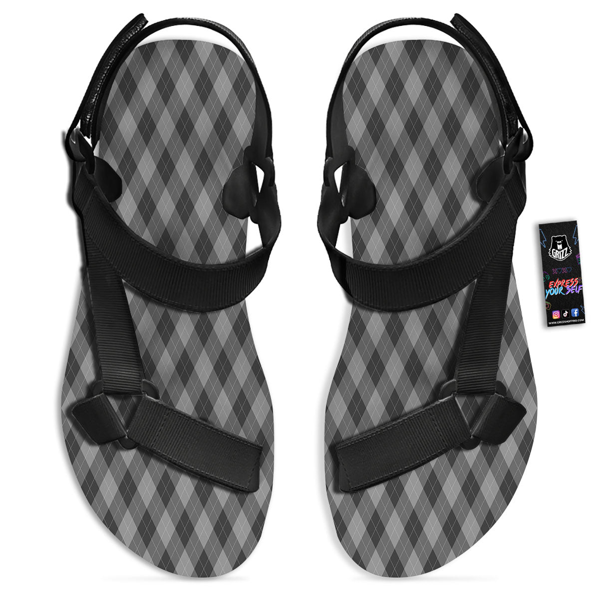 Argyle Shadow Grey Print Pattern Black Open Toe Sandals-grizzshop