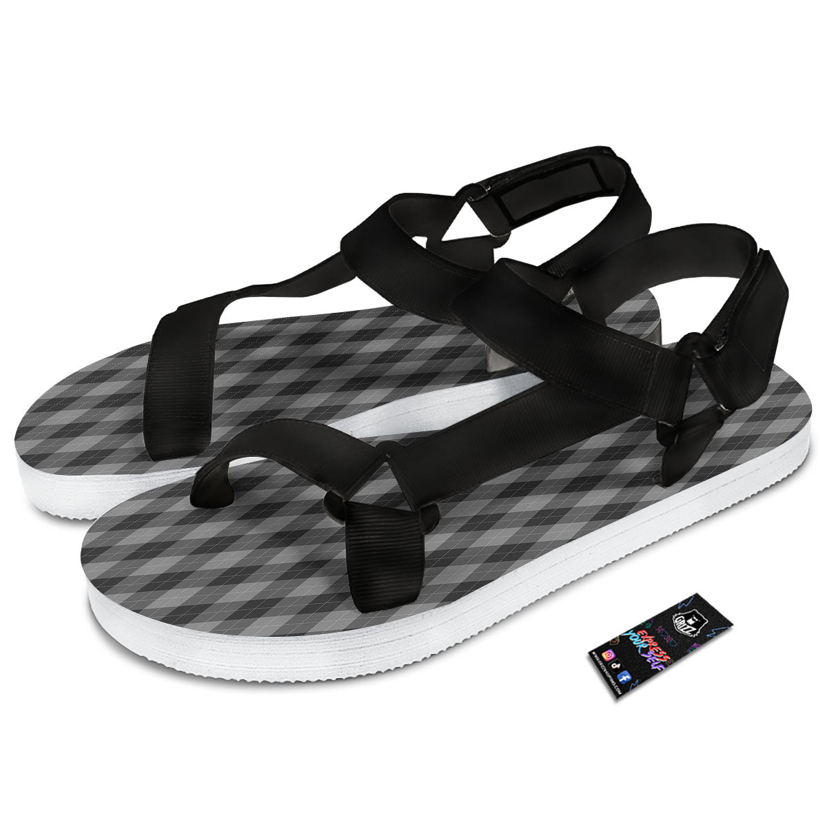 Argyle Shadow Grey Print Pattern Black Open Toe Sandals-grizzshop