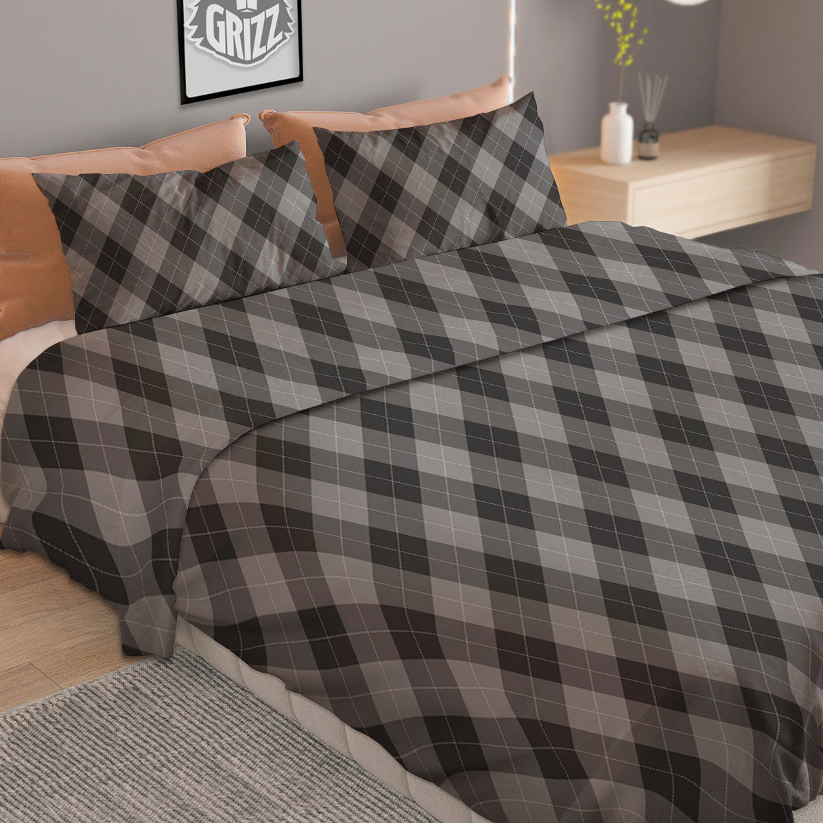 Argyle Shadow Grey Print Pattern Duvet Cover Bedding Set-grizzshop