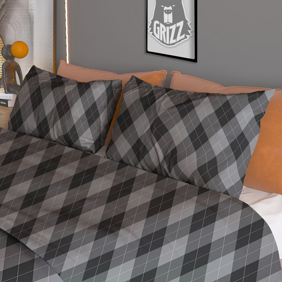 Argyle Shadow Grey Print Pattern Duvet Cover Bedding Set-grizzshop