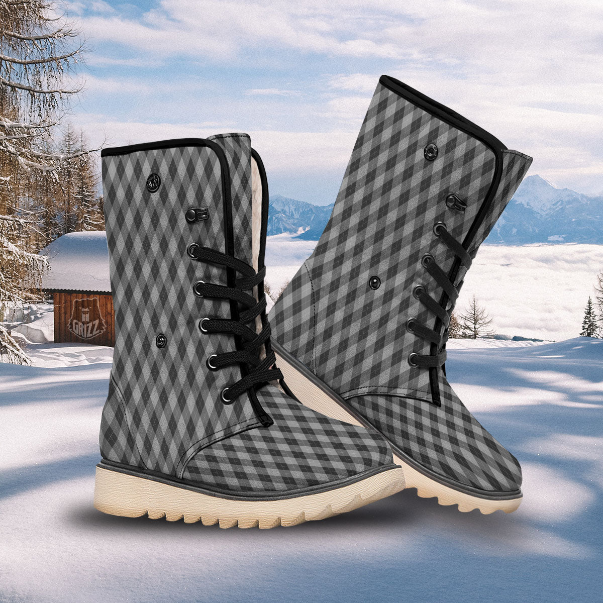 Argyle Shadow Grey Print Pattern Snow Boots-grizzshop