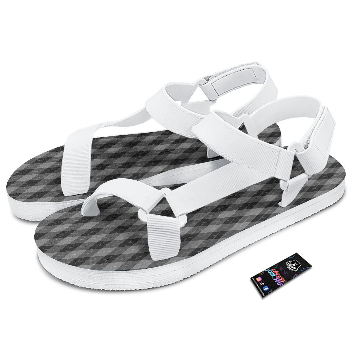 Argyle Shadow Grey Print Pattern White Open Toe Sandals-grizzshop