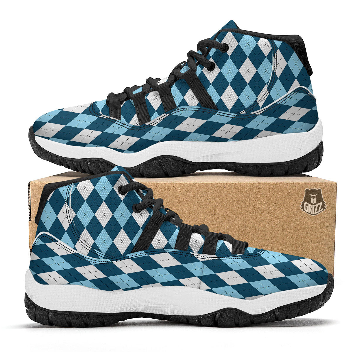 Argyle Soft Blue Print Pattern Black Bball Shoes-grizzshop