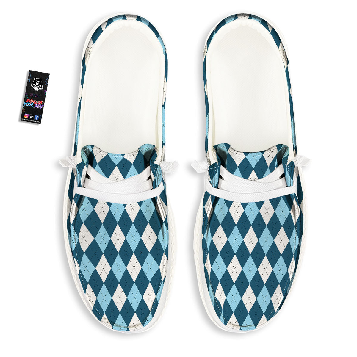Argyle Soft Blue Print Pattern Black Loafers-grizzshop