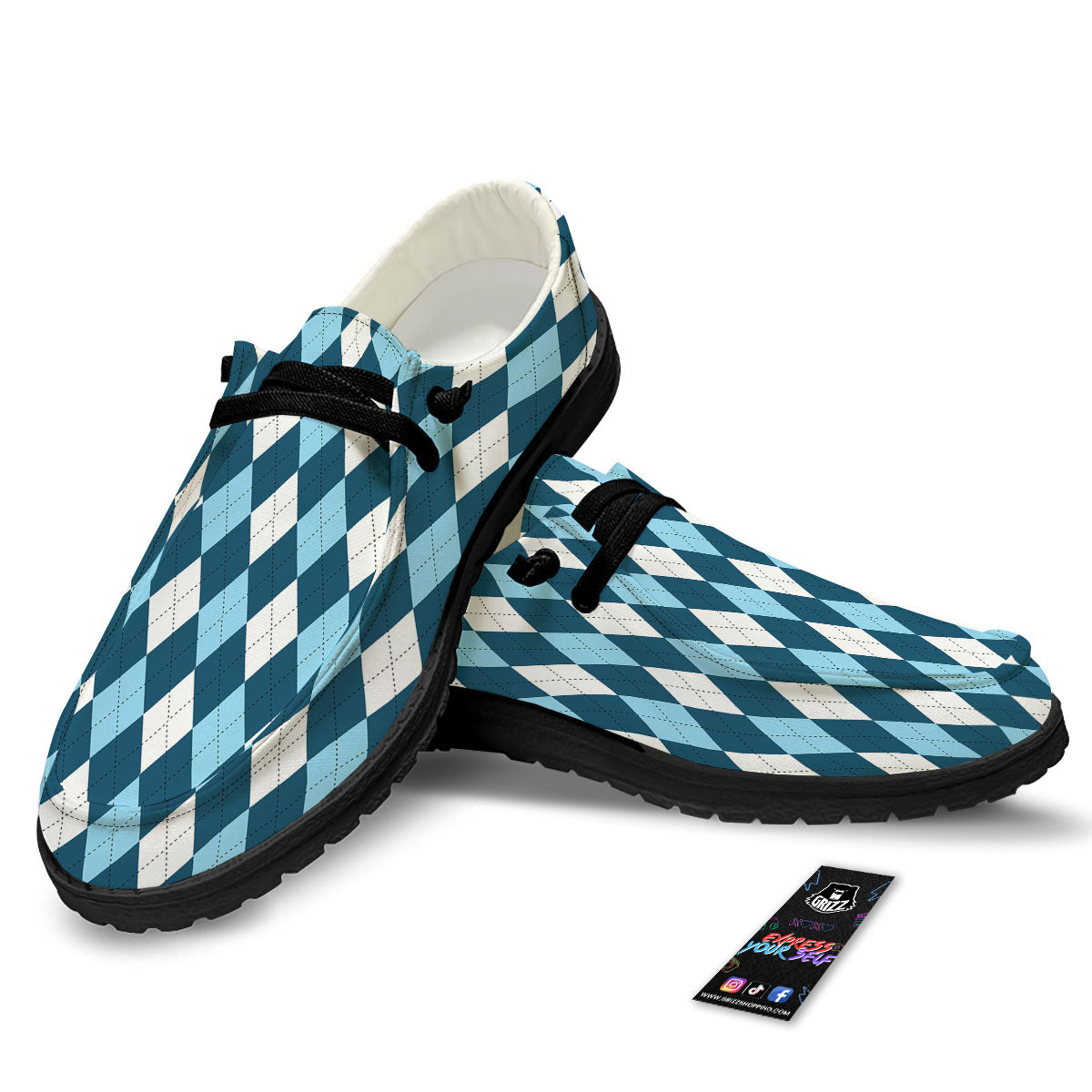Argyle Soft Blue Print Pattern Black Loafers-grizzshop