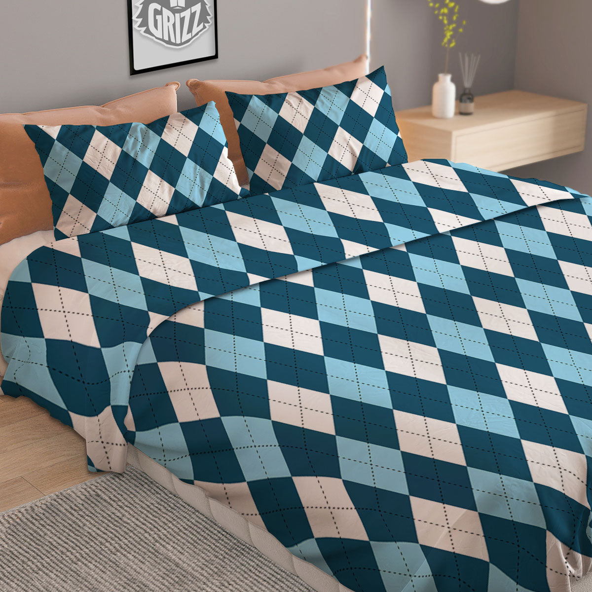 Argyle Soft Blue Print Pattern Duvet Cover Bedding Set-grizzshop