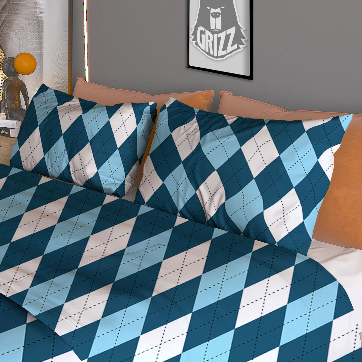 Argyle Soft Blue Print Pattern Duvet Cover Bedding Set-grizzshop