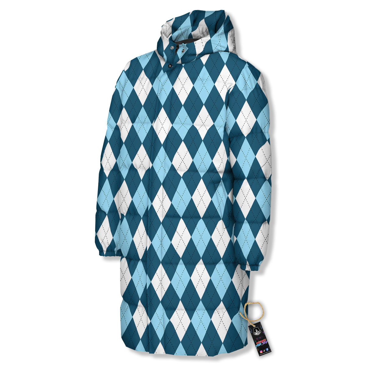 Argyle Soft Blue Print Pattern Long Down Jacket-grizzshop