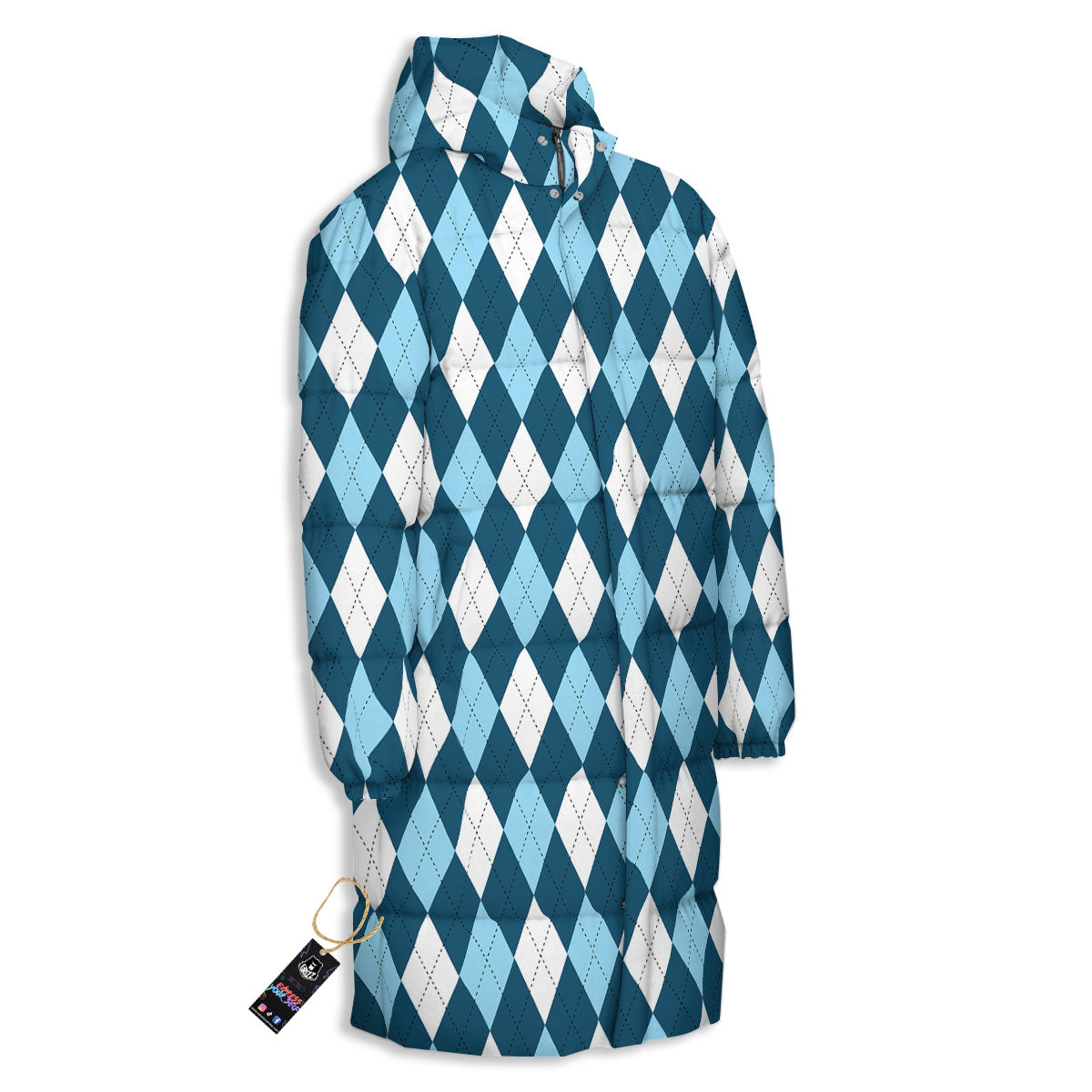Argyle Soft Blue Print Pattern Long Down Jacket-grizzshop