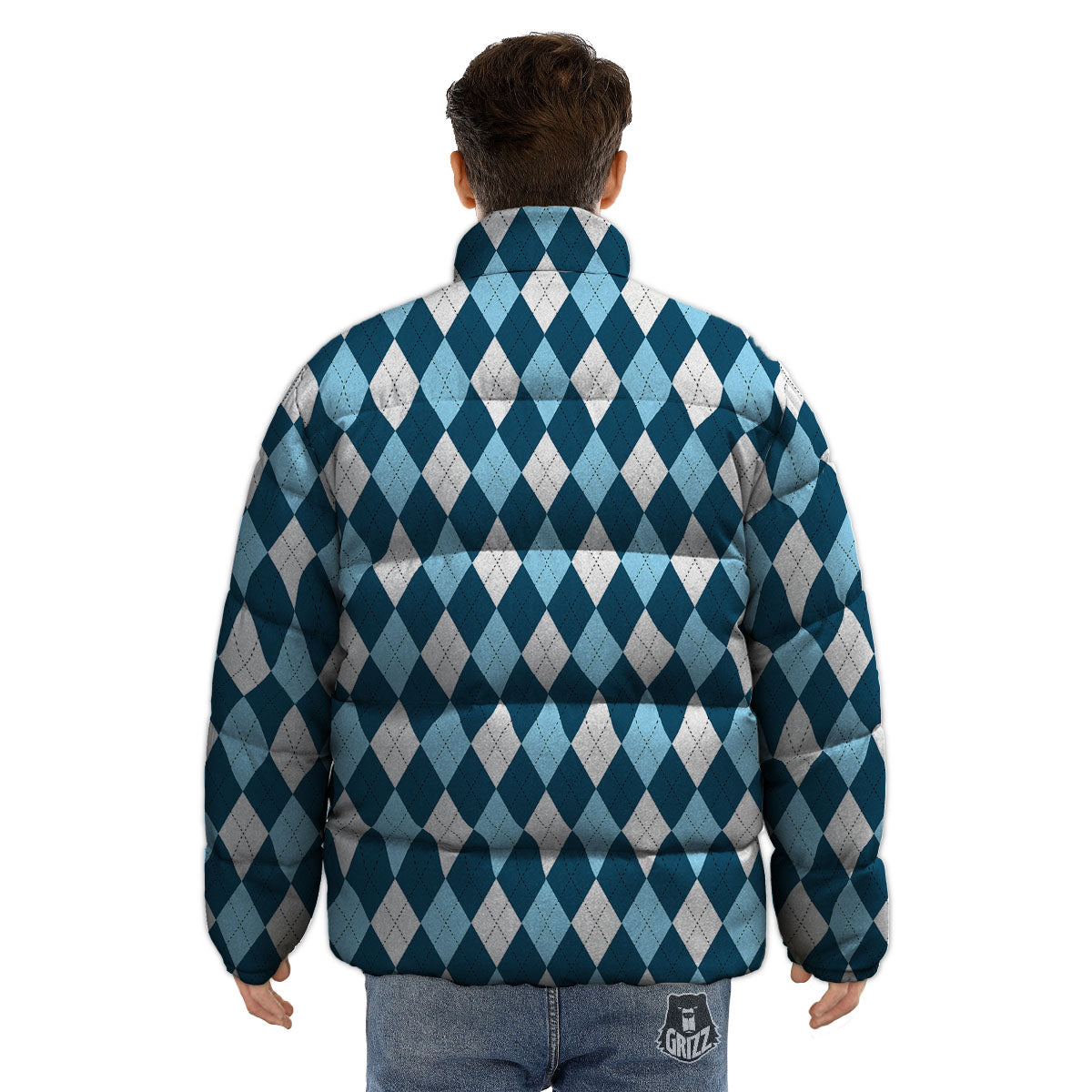 Argyle Soft Blue Print Pattern Puffer Jacket-grizzshop