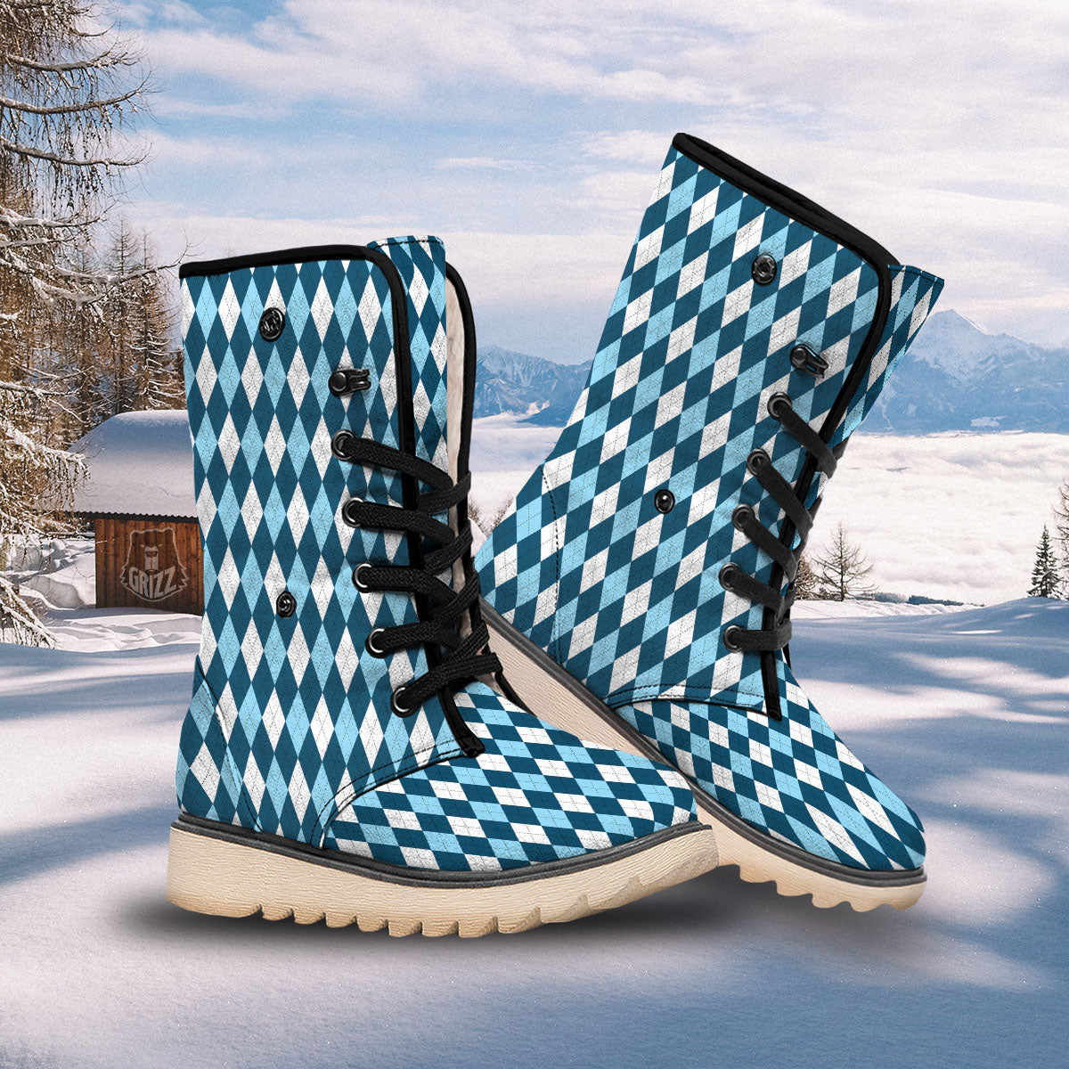 Argyle Soft Blue Print Pattern Snow Boots-grizzshop