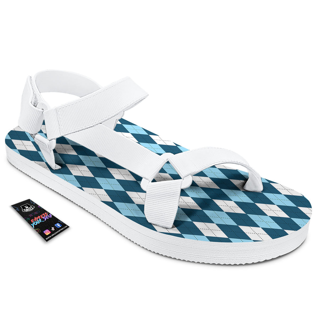 Argyle Soft Blue Print Pattern White Open Toe Sandals-grizzshop