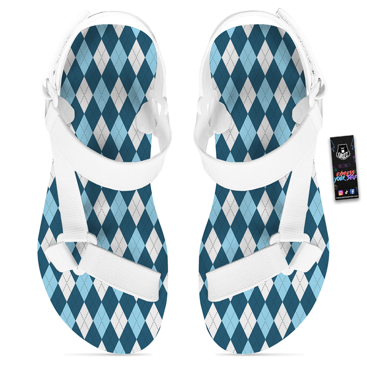 Argyle Soft Blue Print Pattern White Open Toe Sandals-grizzshop