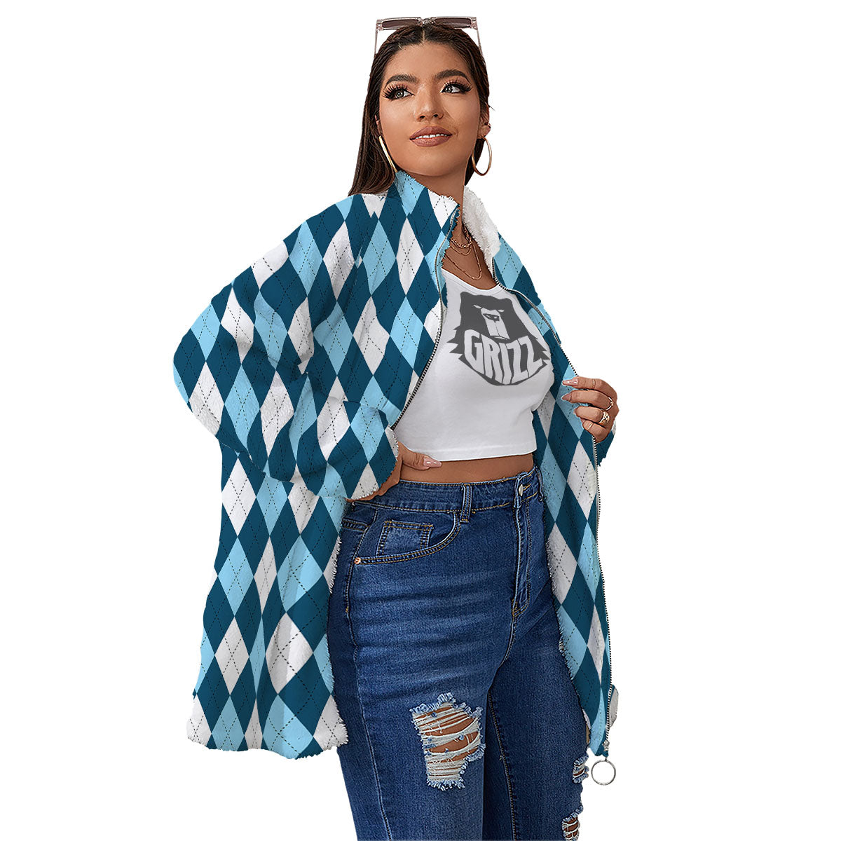 Argyle Soft Blue Print Pattern Women's Sherpa Jacket-grizzshop