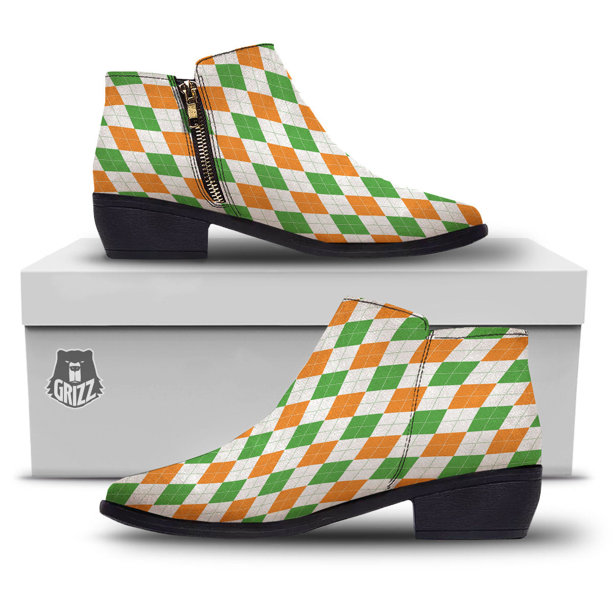 Argyle St Patrick's Day Print Pattern Ankle Boots-grizzshop