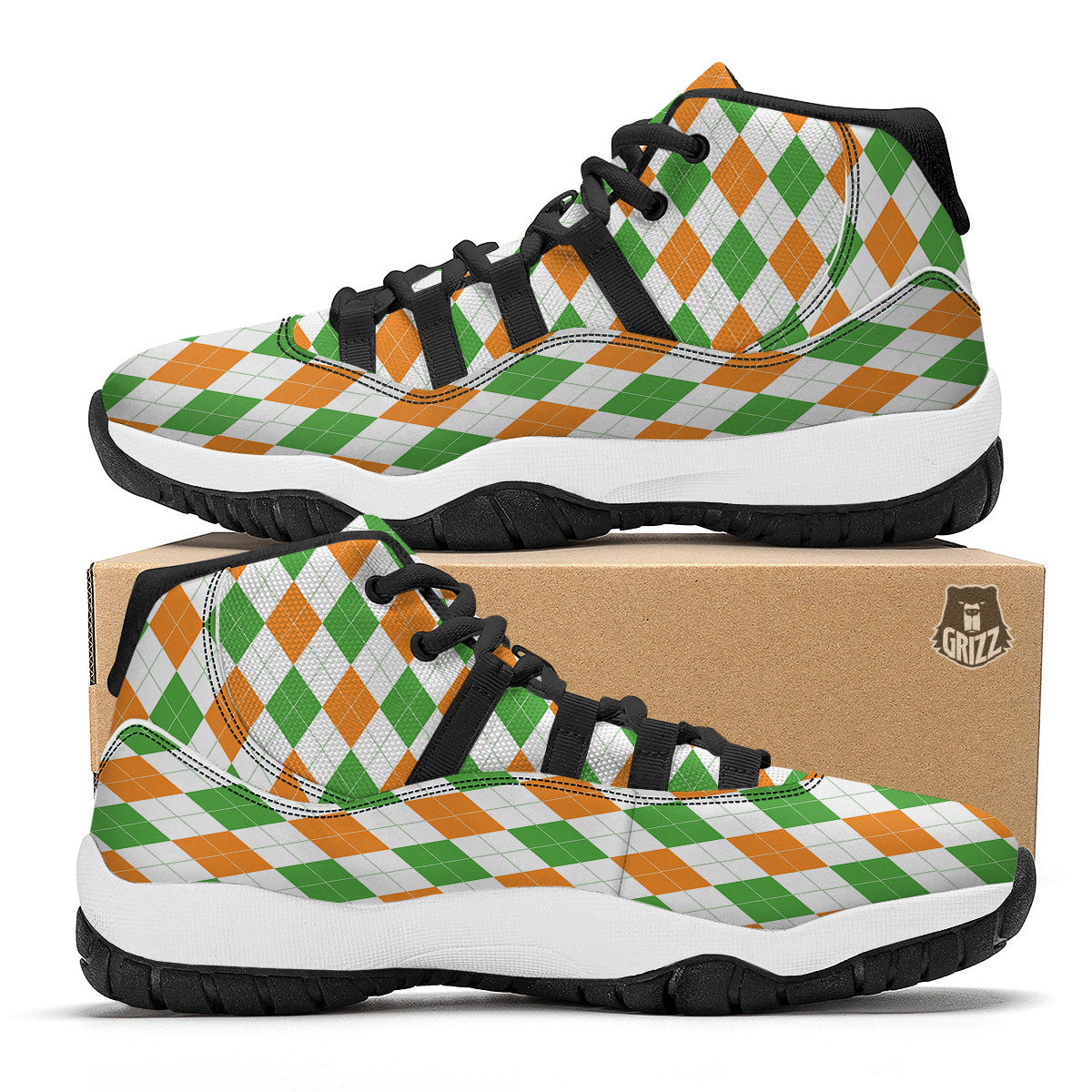 Argyle St Patrick's Day Print Pattern Black Bball Shoes-grizzshop