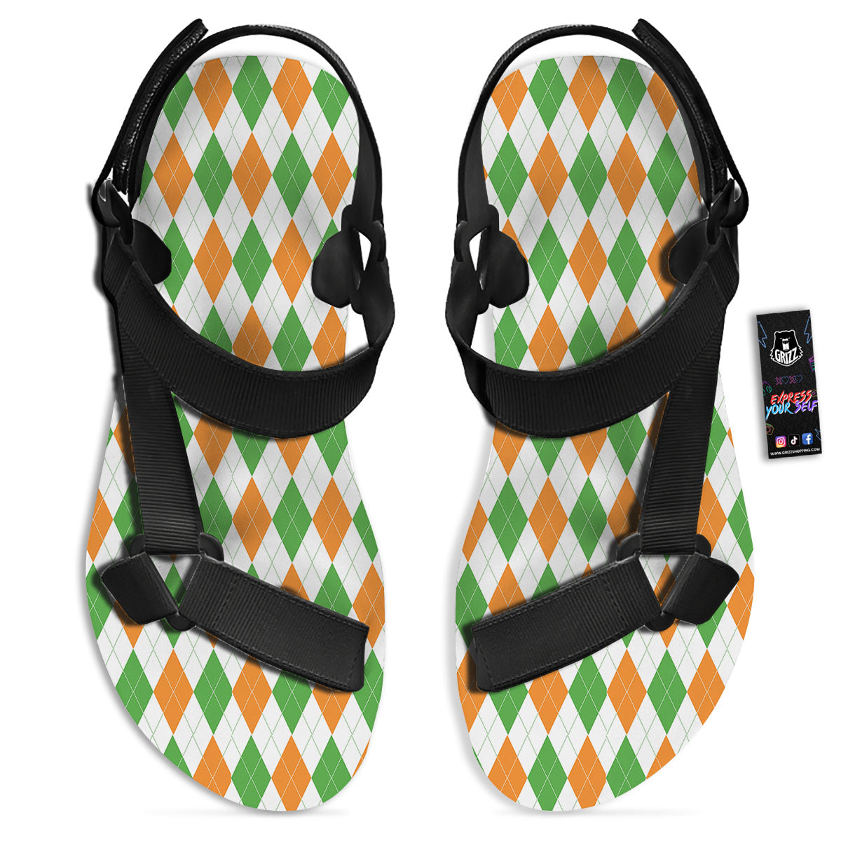 Argyle St Patrick's Day Print Pattern Black Open Toe Sandals-grizzshop