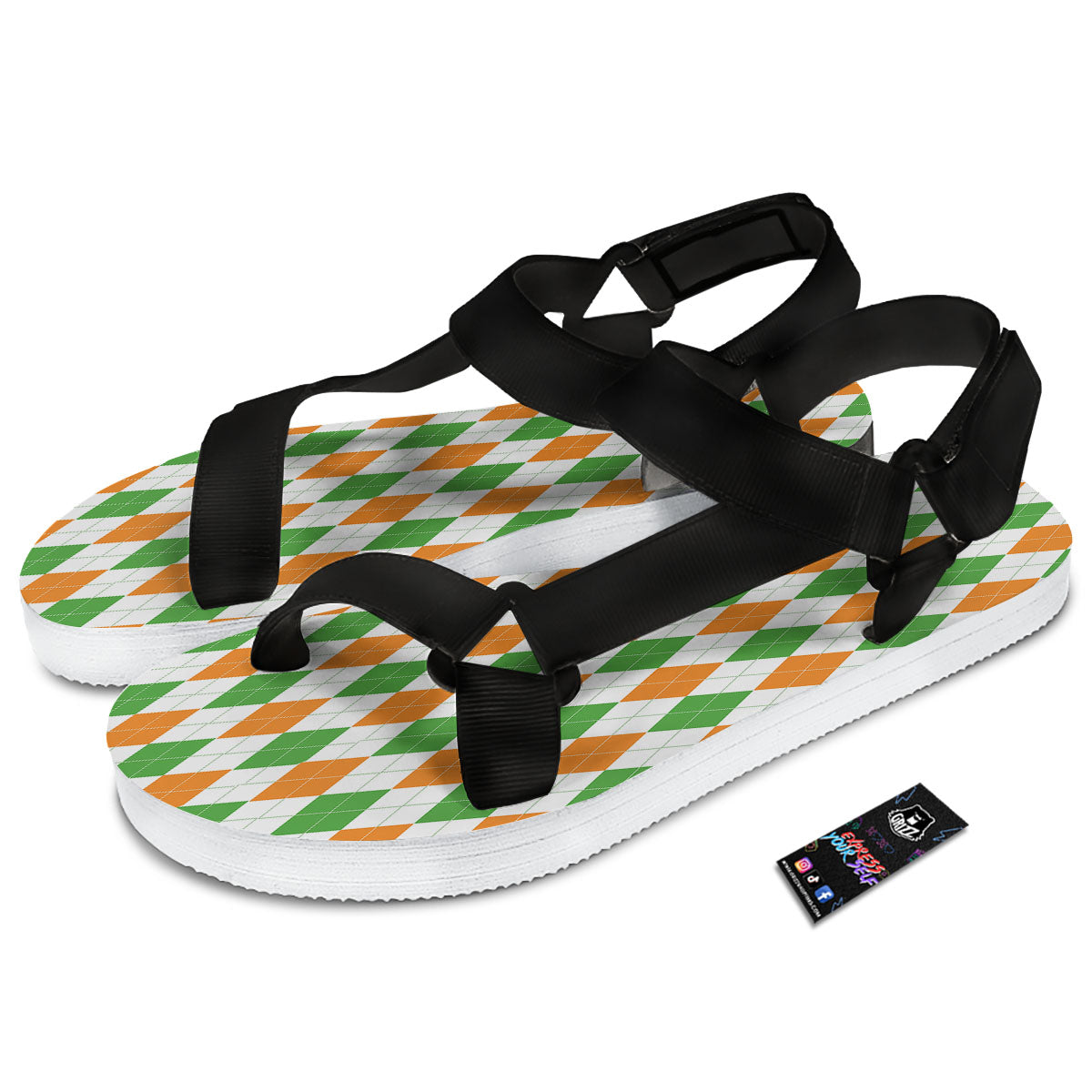 Argyle St Patrick's Day Print Pattern Black Open Toe Sandals-grizzshop