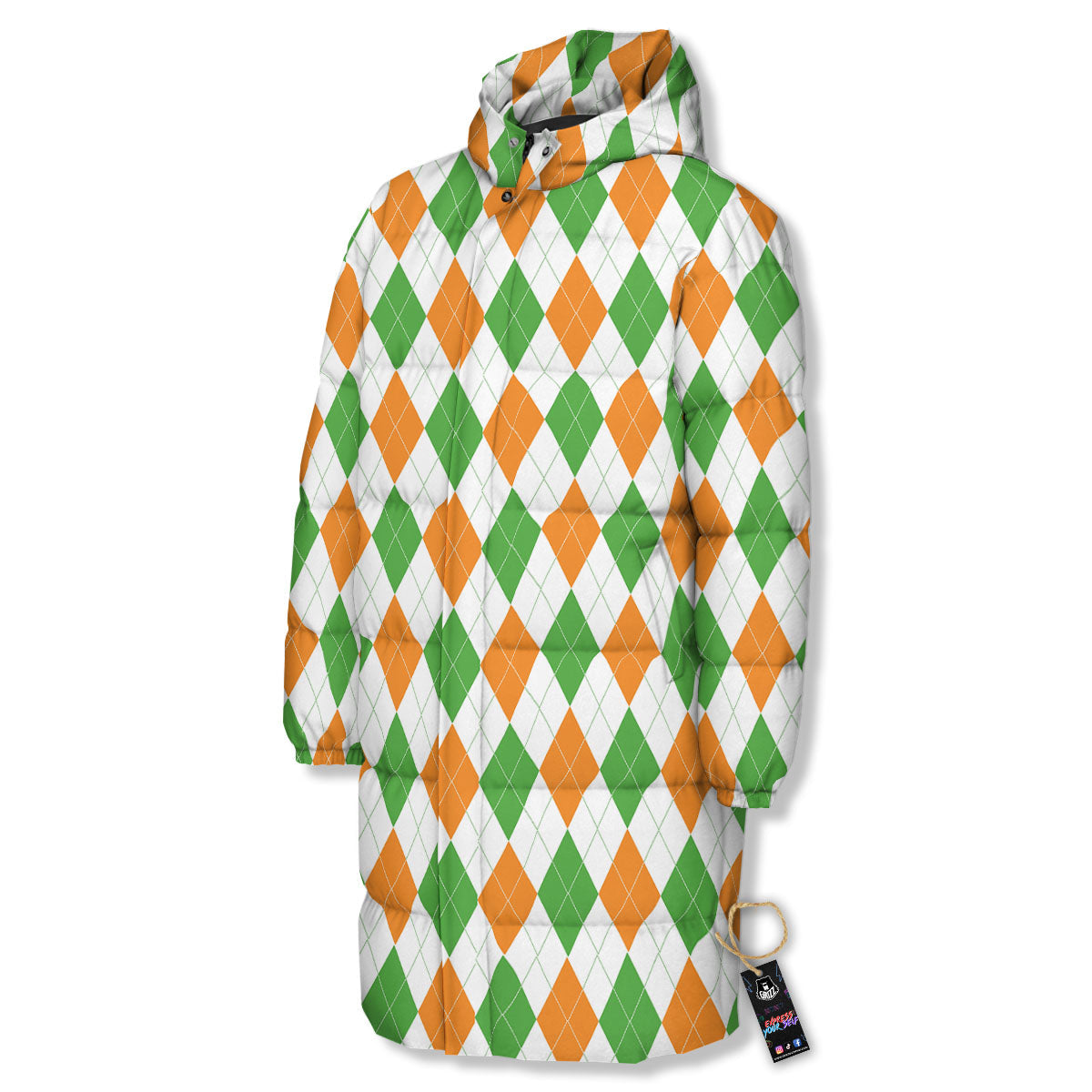 Argyle St Patrick's Day Print Pattern Long Down Jacket-grizzshop