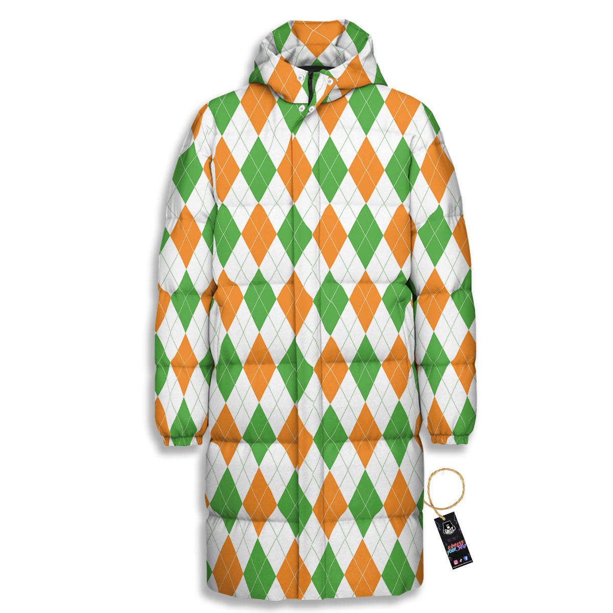 Argyle St Patrick's Day Print Pattern Long Down Jacket-grizzshop