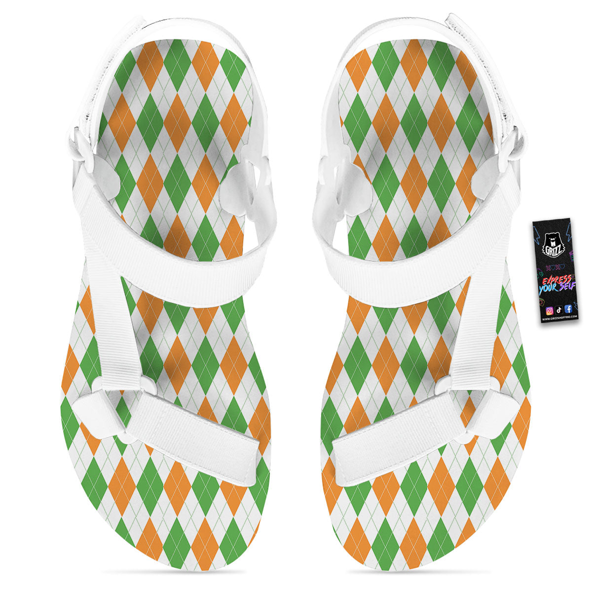 Argyle St Patrick's Day Print Pattern White Open Toe Sandals-grizzshop